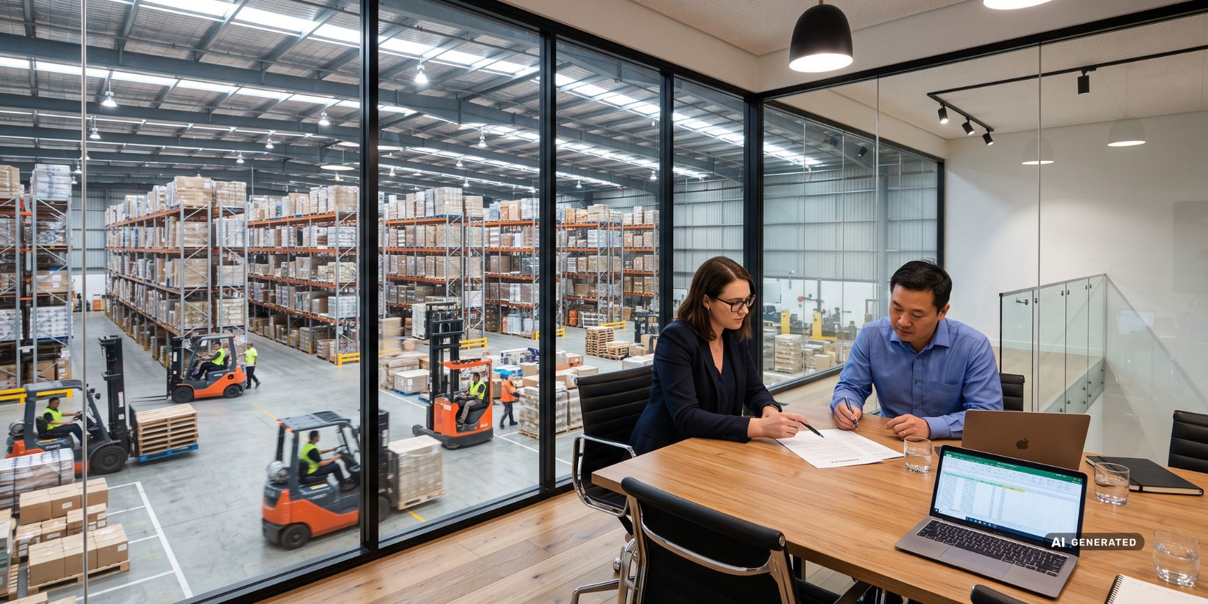 Vertragsverhandlung in einem Mezzanin-Büro einer modernen Logistikhalle mit Blick auf Hochregallager. Steht für die Planung von Triple-Net-Mietverträgen.